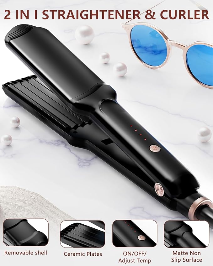 Hair Crimper Waver, Professional Hair Straightener Beach Waves Curling 4 Interchangeable Ceramic Plates, Hair Crimper Auto Temp Control Wide Plate Hairs Straightener & Styling Tool for All HairsTypes