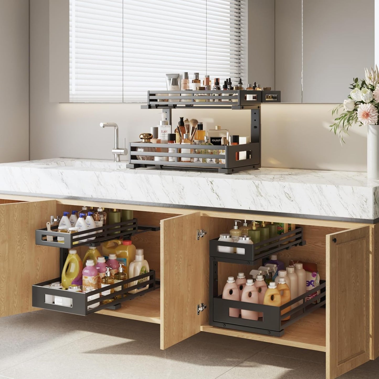 2-Pack 17"Deep Under Sink Organizer And Storage, 2-Tier L-Shaped Pull Out Cabinet Organizer with Upgraded Slide Rails, Height Adjustable Drawers for Kitchen&Bathroom, Extra-Large Storage Shelves–Black