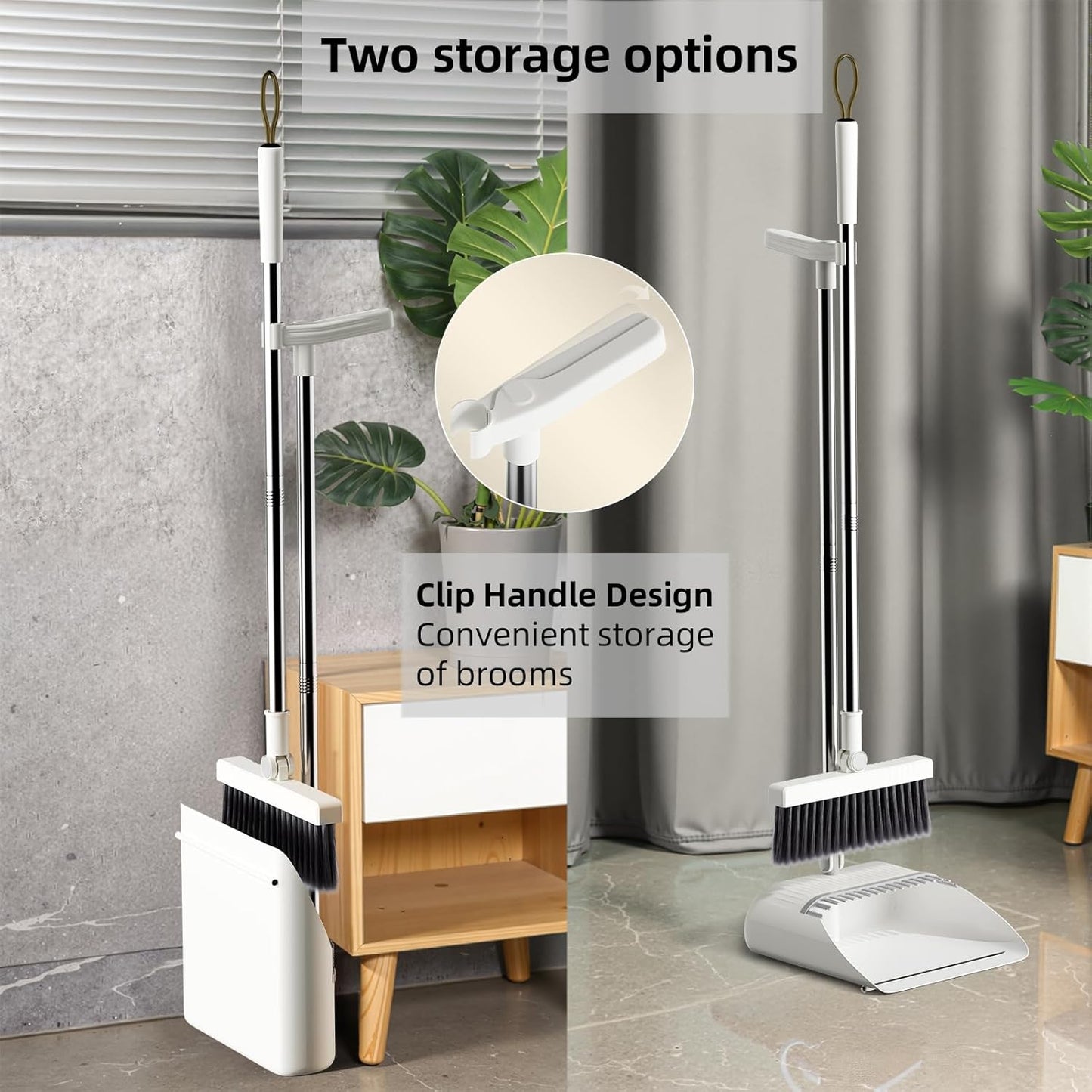 Upgrade Broom with Dustpan Combo Set, Broom and Dustpan Set with Adjustable Handle，Self-Cleaning Dustpans Teeth for Home Kitchen Office Hall Floor，ZeroGap Lip （White&Grey）