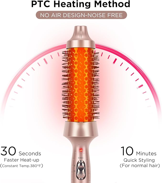 Aima Beauty Heated Round Brush, 1.3"/35mm Ionic Straightening Brush, Hair Curling Iron Brush Create Smooth & Shiny Loose Curls, Fast Heating Thermal Brush, Dual Voltage, 60Mins Auto Shut Off, Gold