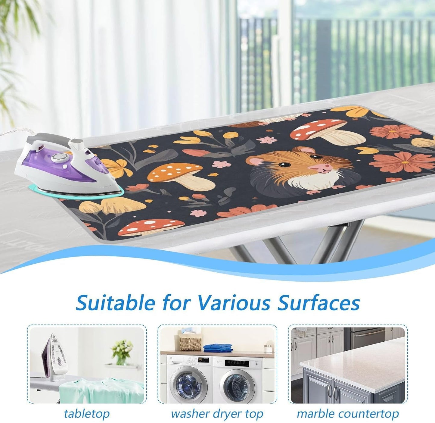 Ironing Mat Portable Ironing Pad Ironing Blanket for Table Top Heat Resistance Double-Side Using Travel Large 47.2 x 27.6 Inch Foldable Lightweight Guinea Pig Mushroom Floral Black