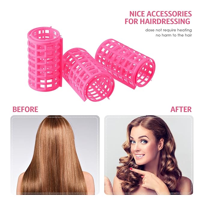 Syhood 12 Pcs Plastic Hair Rollers for Women Large Size Curlers Set Snap Roller Clips with Rat Tail Comb for Long Medium Short Hair Bangs, Salon Hairdressing Styling Tool(2.6 x 1.4 Inch,Pink)