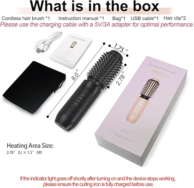 Youbella Cordless Hair Curling Iron Brush, Mini Travel Hot Straightener Comb, 3-In-1 Portable Wave Curling Wand, 1.5″ Ionic Heated Brush, USB Rechargeable Hair Curler, All Black –No Automatic Rotation