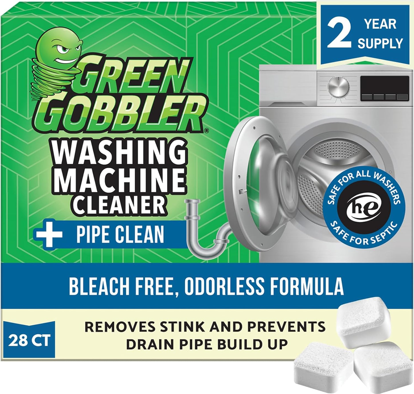 Green Gobbler Washing Machine Cleaner Tablets with Pipe Clean Technology Deodorizer | Front & Top Load Washer | 28 Count