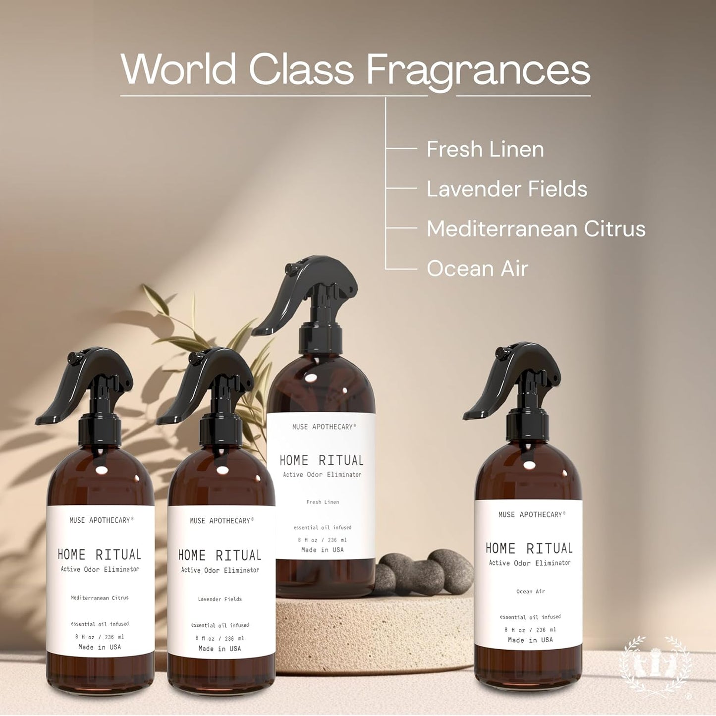 Muse Apothecary Home Ritual Active Odor Eliminator Spray - Furniture Deodorizer Spray & Bathroom Odor Eliminator for Home - Essential Oil Air Freshener - 4oz, Fresh Linen