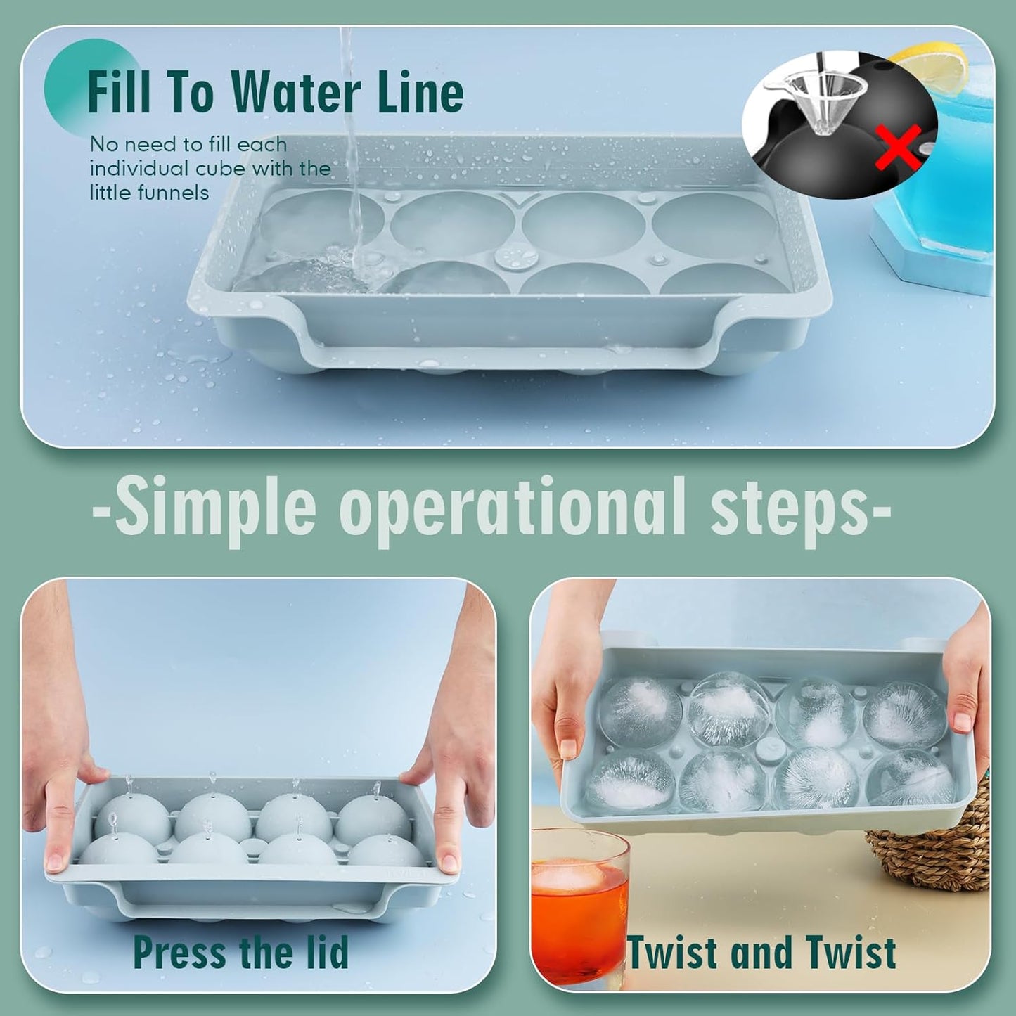 WIBIMEN Large Ice Cube Molds, Big Round Whiskey Ice Cube Trays for Freezer, Easy to Fill & Release, Whiskey Bourbon Cocktail(2.5In*8 Balls- Blue/2 Pack)