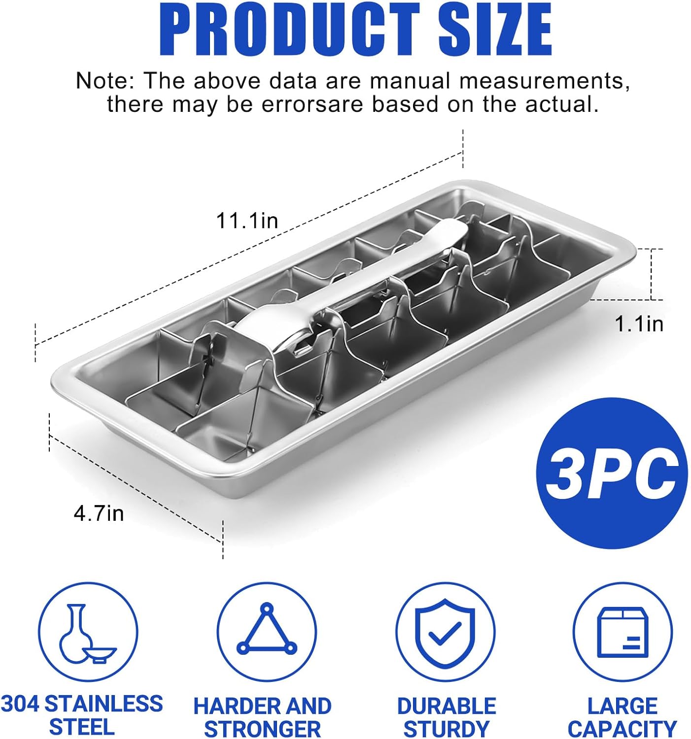 3 Pack 18-Slot Ice Cube Trays Stainless Steel - Professional Heavy Duty Metal Icecube Mold, Non-Toxic Freezer Tray with Lever Release, Bar & Kitchen Use, Send Goods from Local Warehouse
