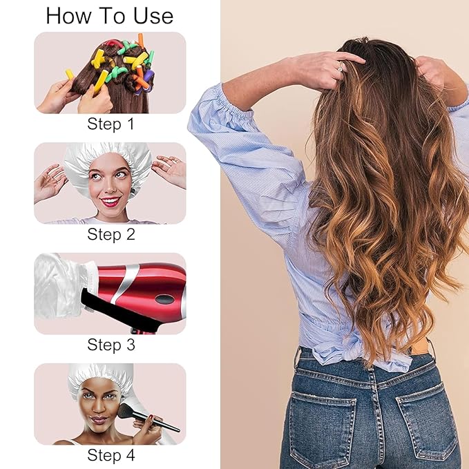 42 pcs 7" Flexible Rods,Hair Curlers Rollers Flexible Curling Rods,Heatless Bendy Foam Curls for Long,Medium,Short Hair to Sleep in,with Hair Dryer Bonnet,Drying Towel 3 IN 1(Gray)