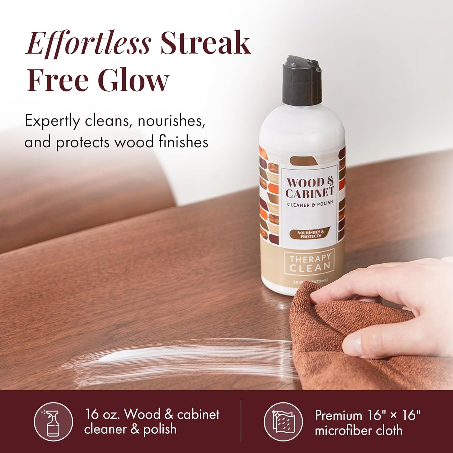 Therapy Wood Cleaner & Polish 16 oz. (2-Pack with Microfiber Cloth) - Wood Cabinet and Table Cleaner - Conditioner - Almond Scent