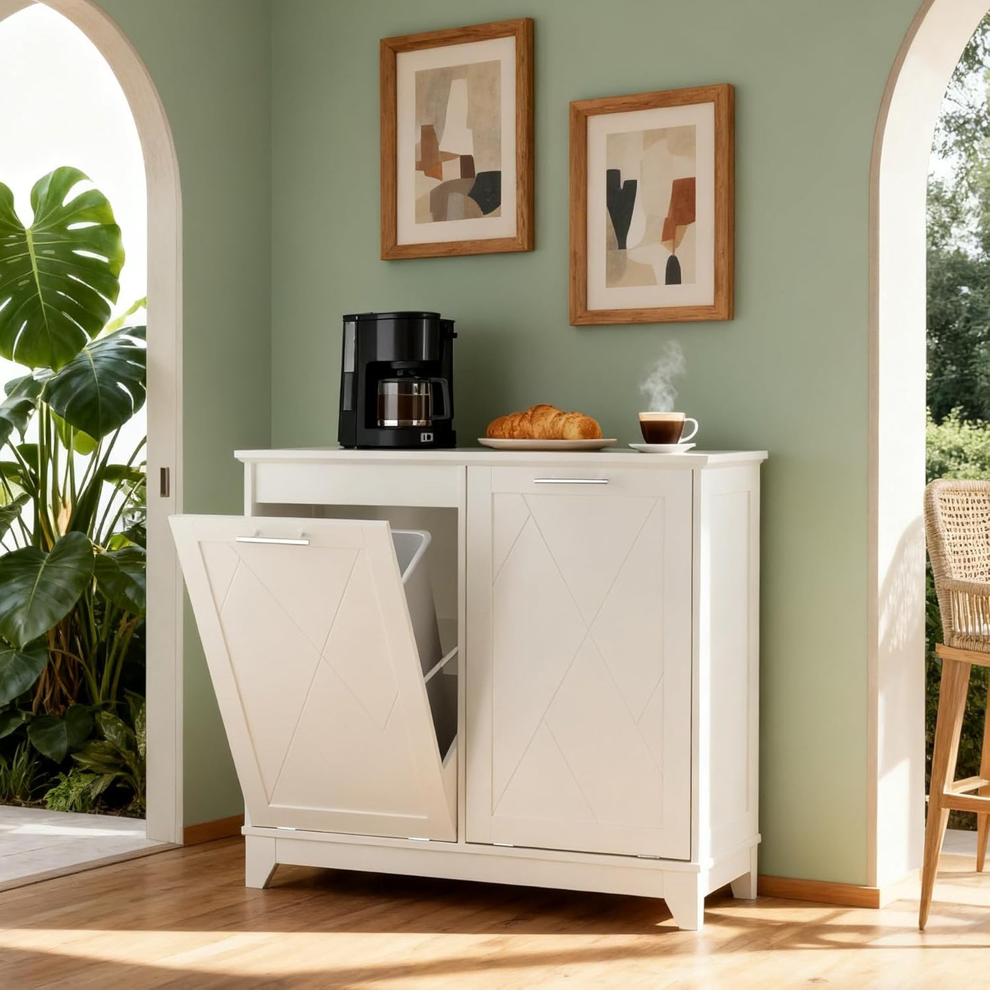 Double Tilt Out Trash Can Cabinet, 10 * 2 Gallon Garbage Trash Bin with Charging Station and Deodorizing Function, Dog-Proof Storage Cabinet for Hidden Bathroom Laundry Hamper, White