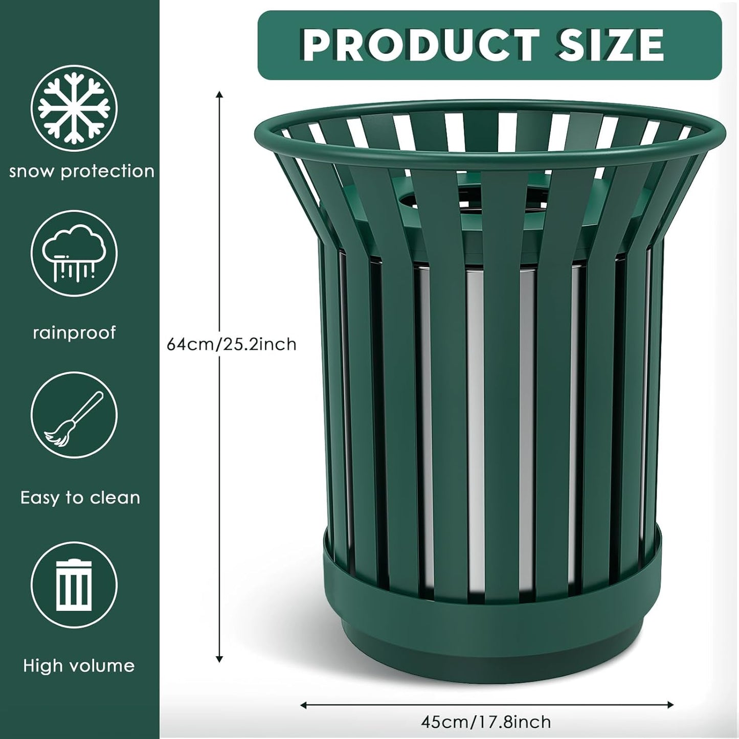 25.2IN Round Large Outdoor Trash Can, Heavy Duty Metal Slatted Garbage Can Outdoor, All Weather Resistant Commercial Garbage Cans, Waste Receptacle in Park, Beach, Patio, Green