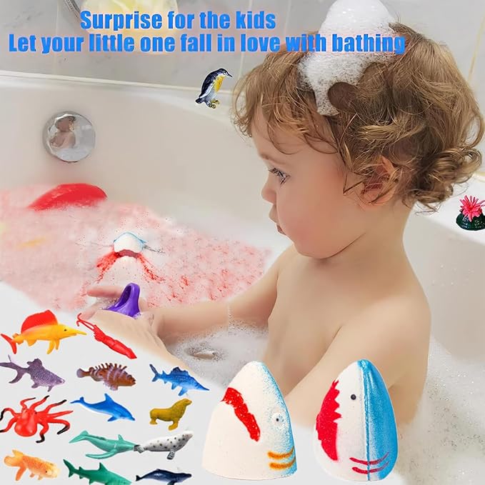 Kids Bath Bombs with Surprise Inside,4 Pack Marine Shark Bath Bomb for with Ocean Sea Animals for Girls Boys Toddlers, Safe Natural & Organic