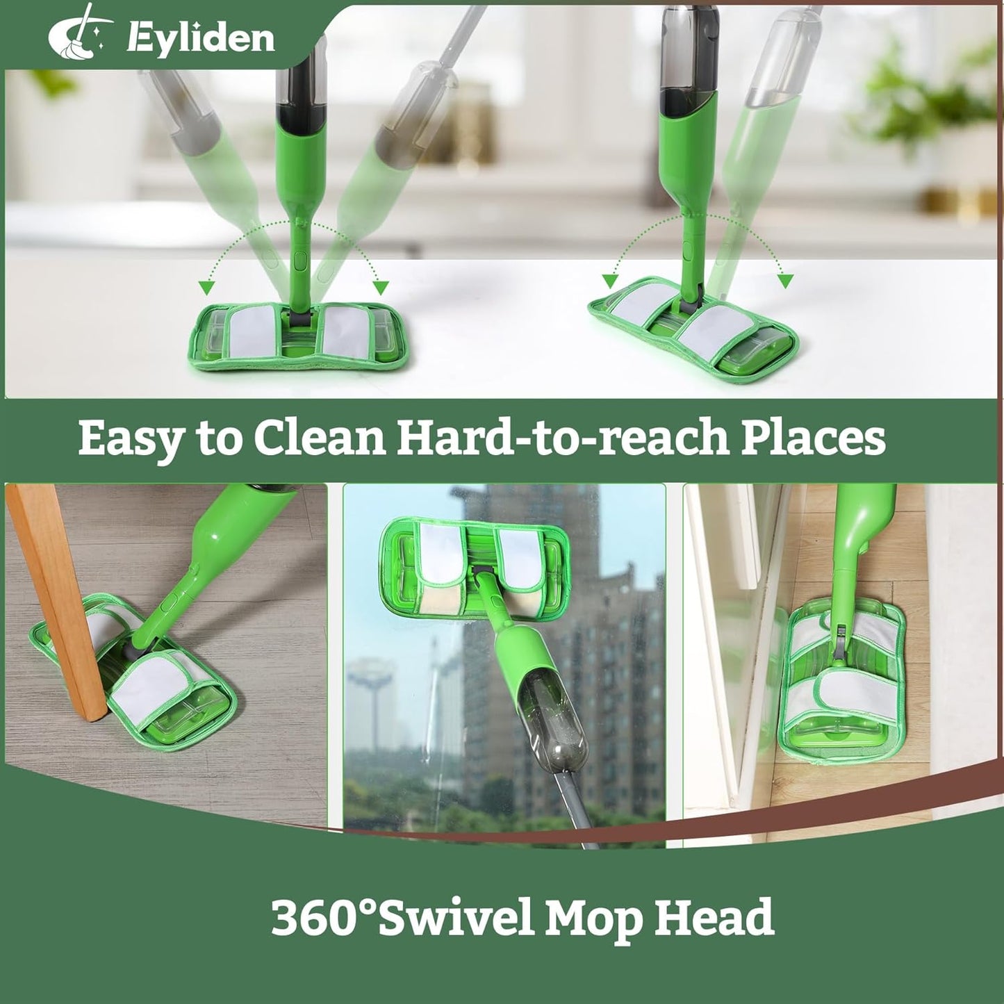 Eyliden Spray Mop - Design for Small Spaces | 12 Disposable Cloths, 1 Reusable Pad, 13 oz Refillable Bottle | Wet Mops for Apartments and Dorms Floors, Lock Tight Design, No Lost Pads - Swivel Head