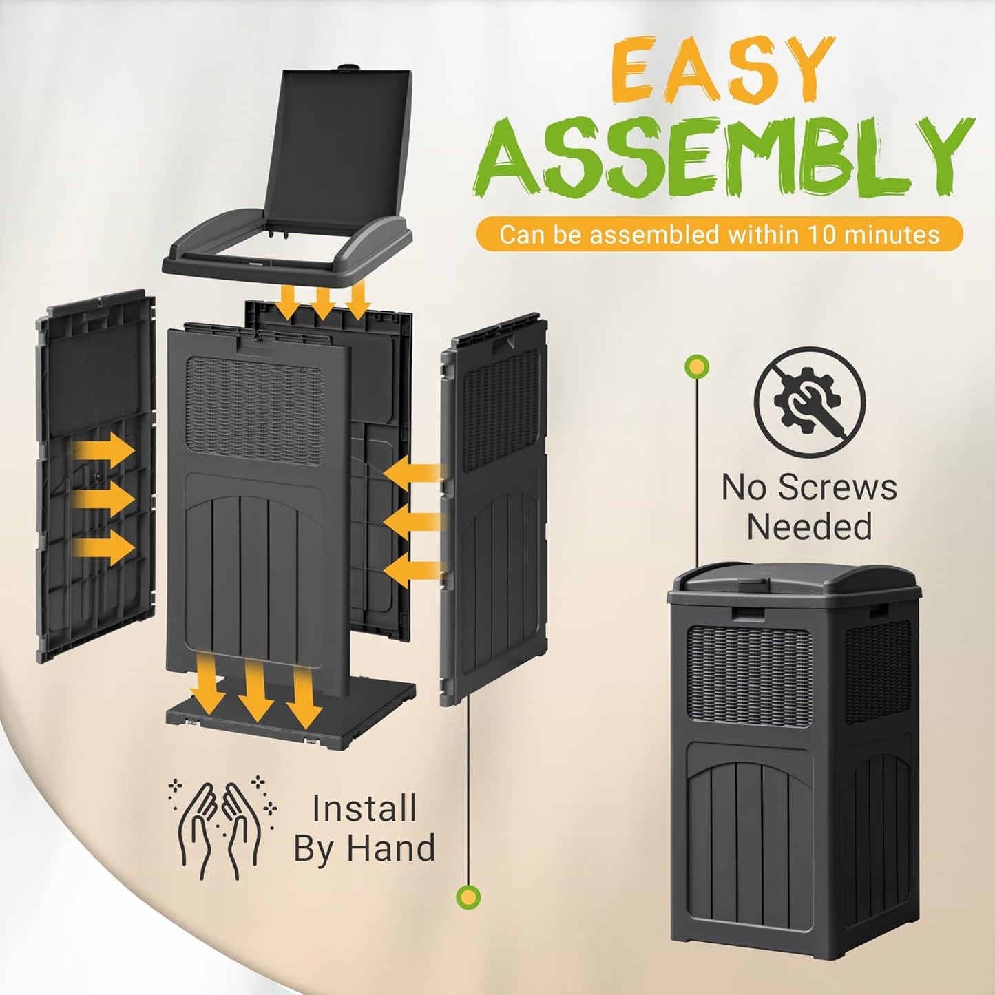 YESHOMY 4 Pack Outdoor Trash Can with Lid, Garbage Bins for Garden, Porch, Home and Kitchen, Gray