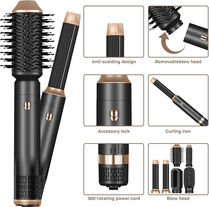 6 in ONE Hair Dryer Brush, Blow Dryer Curling Wand Hair Styling Tools Set, Ionic Hot Air Massage Oval Blowout Hair Dryer, Left&Right Hair Styler