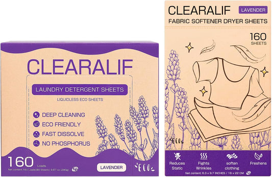 CLEARALIF All in One Laundry Detergent Sheets Kit, Lavender Scent, 160 Loads Laundry Sheets + 160 Drying Sheets, Laundry Set Great for Travel, Softener Sheets Eco Package Friendly & Hypoallergenic