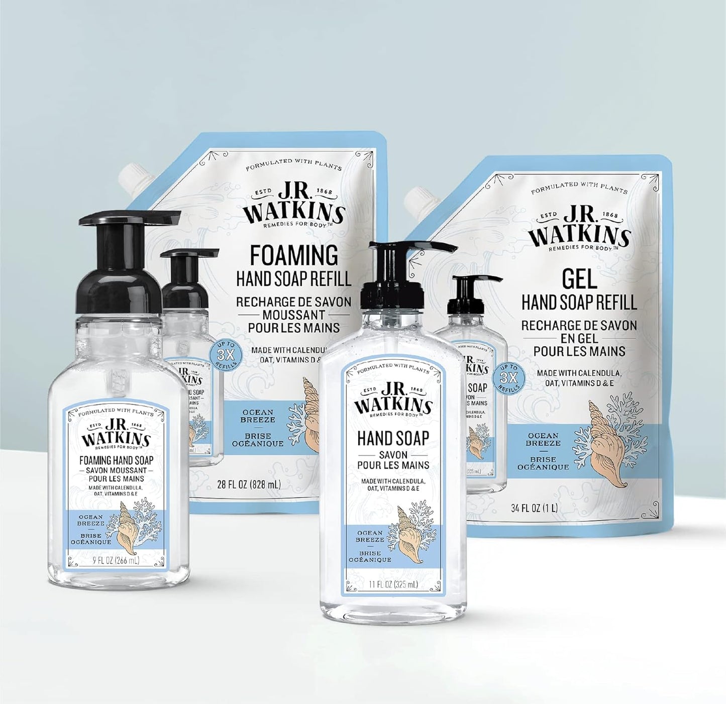 J.R. Watkins Gel Hand Soap Refill Pouch, Scented Liquid Hand Wash for Bathroom or Kitchen, USA Made and Cruelty Free, 34 fl oz, Ocean Breeze, 6 Pack