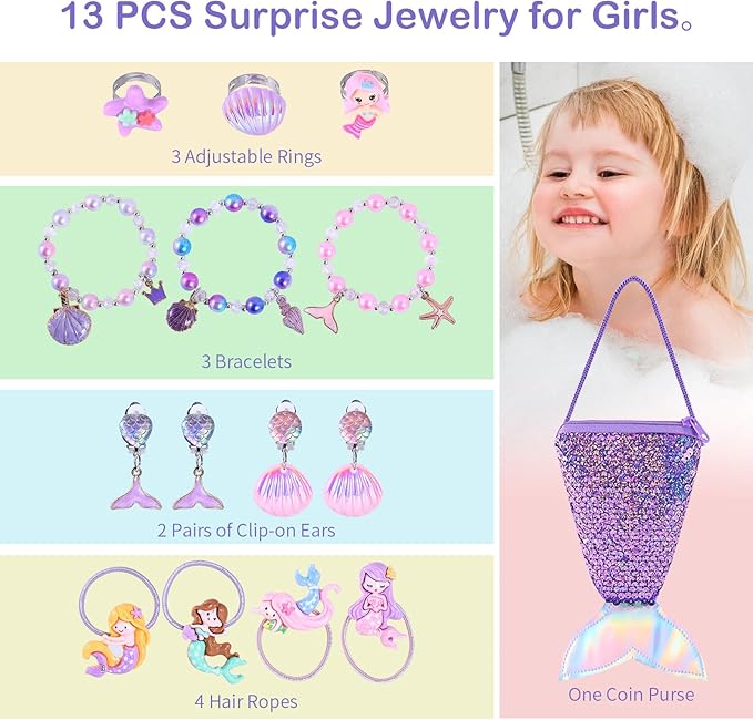 Mermaid Bath Bombs for Girls with Surprise Inside, 12pcs Shell Girls Bath Bombs with Mermaid Jewelry Toys for Kids, Kids Bubble Bath Bomb 3 4 Year Old Girl Easter Birthday Gift Mermaid Party Favors