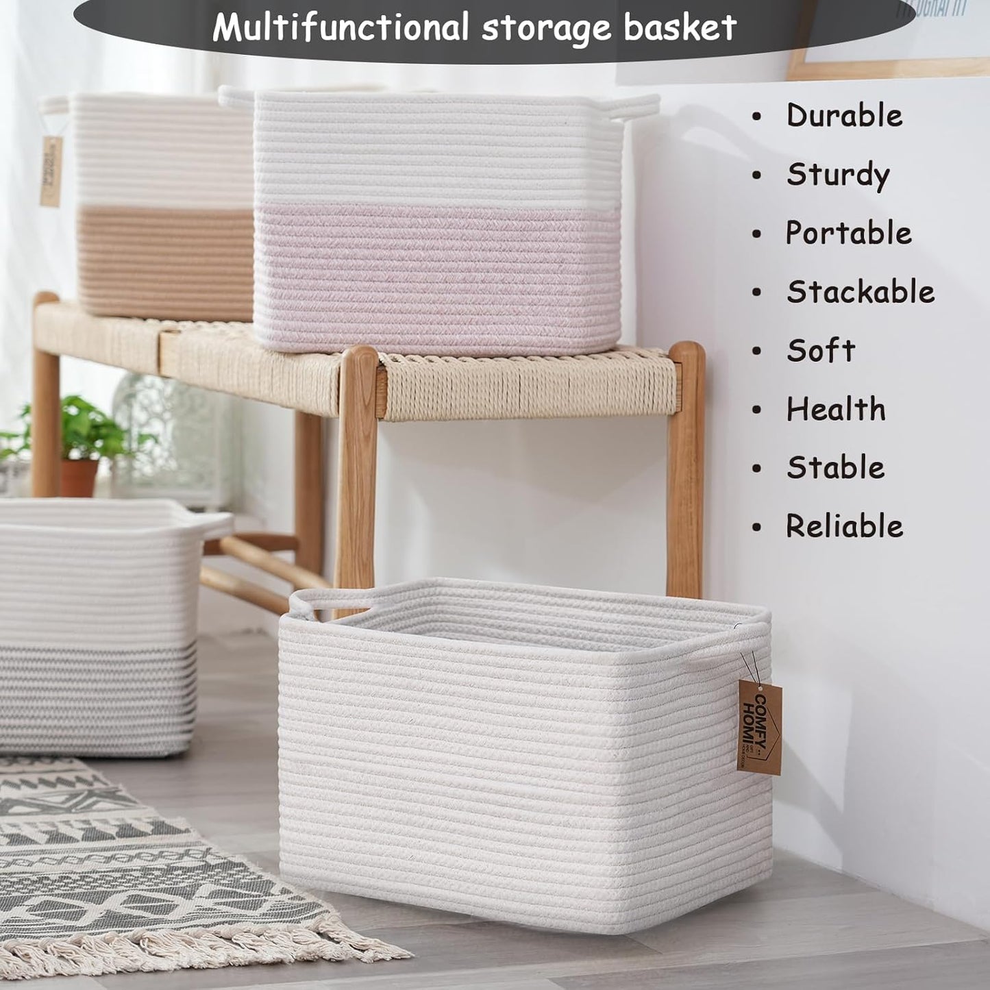 COMFY-HOMI 3PACK Cotton Rope Square Basket with Handles for Shelves|Dog Toy Basket Bin and Storage|Baby Basket for Gif|Shoe basket for Organizing|New13.5" x 11" x 9.5" for Living Room（All White）