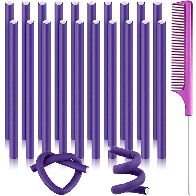 Chuangdi 20 Pcs Flexible Curling Rods Twist Foam Hair Rollers Soft Foam Hair Rods Rollers Curlers and Pintail Comb for Women Long and Short(0.31 x 9.4 Inch,Purple)