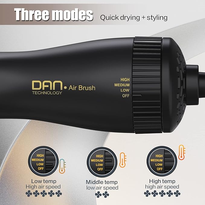 Dan Technology Blow Dryer Brush 1.5 Inch Round Blowout Brush 4-in-1 Hot Air Hair Dryer Brush & Styler, Comb, Straightener & Curler with Titanium & Ionic (Black-Gold)