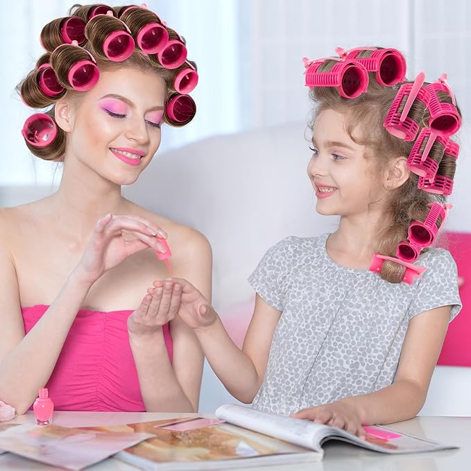 WILLBOND 65 Pieces Rollers Plastic Rollers Hair Curlers Set 4 Sizes for Long Medium Short Hair, Duck Clips Hairnet Hairdressing Styling Tool(Pink)