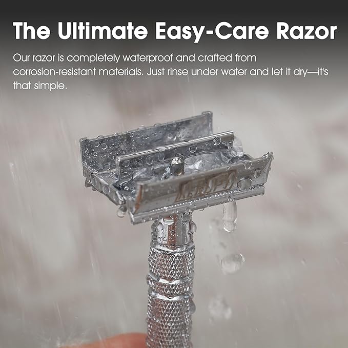 Professional Heavyweight Butterfly Safety Razor for Men - Stainless Steel Single Blade Double Edge De Razor Long Handle with 10 Double Edge Blades - Wet Shaving Kit - Mirror Polished Silver