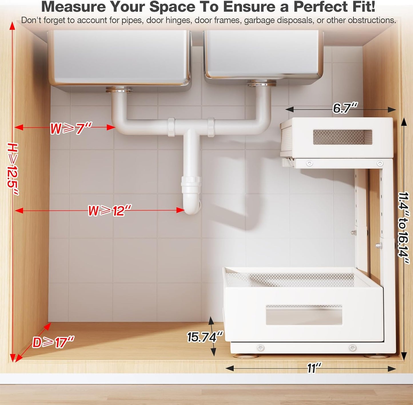 2-Pack Under Sink Storage Organizer, Large 2-Tier Elegant Mesh Pull Out Shelf for Kitchen and Bathroom Cabinet Organization, L-Shaped and Adjustable Height Design for Maximum Space Efficiency-White