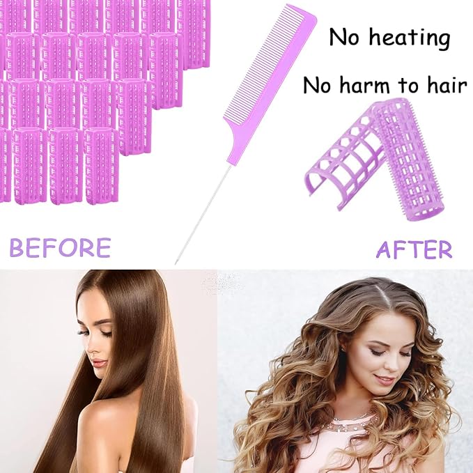 24PCS Plastic Hair Rollers Curlers Set, 0.8Inch/2cm Snap on Rollers for Fine Thin Hair Heatless Curler Self Grip Roller with Mini Comb for Women/Men Medium Short Hair (Purple)