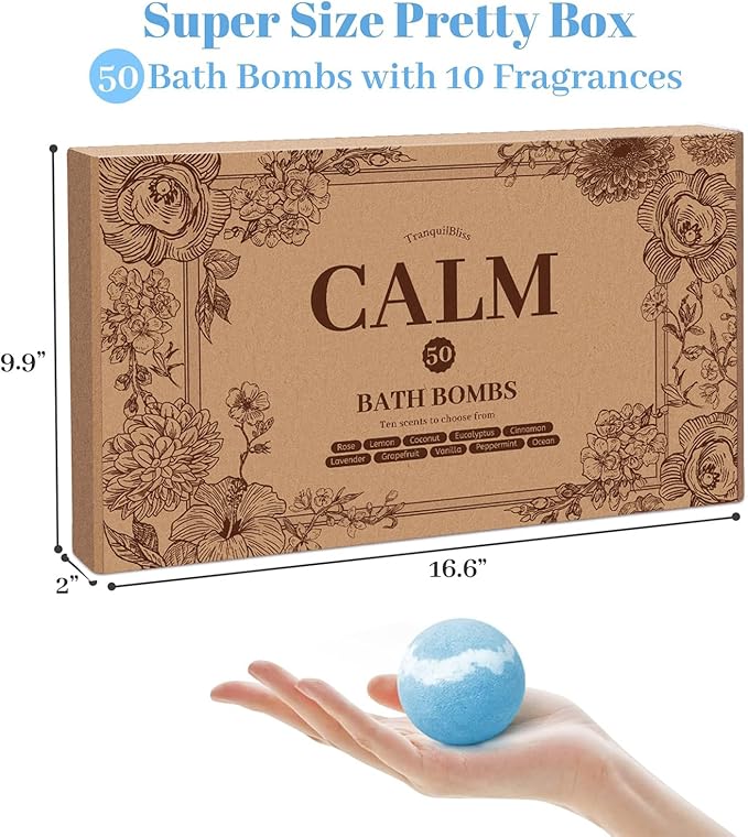 TranquilBliss Bath Bombs Set 50 PCS with 10 Rich Scents, Bath Bombs for Women, Natural Bubble Bombs with Shea Butter & Safe Oil, Ideal for Christmas, Birthday, Mother's Day Present (Brown)