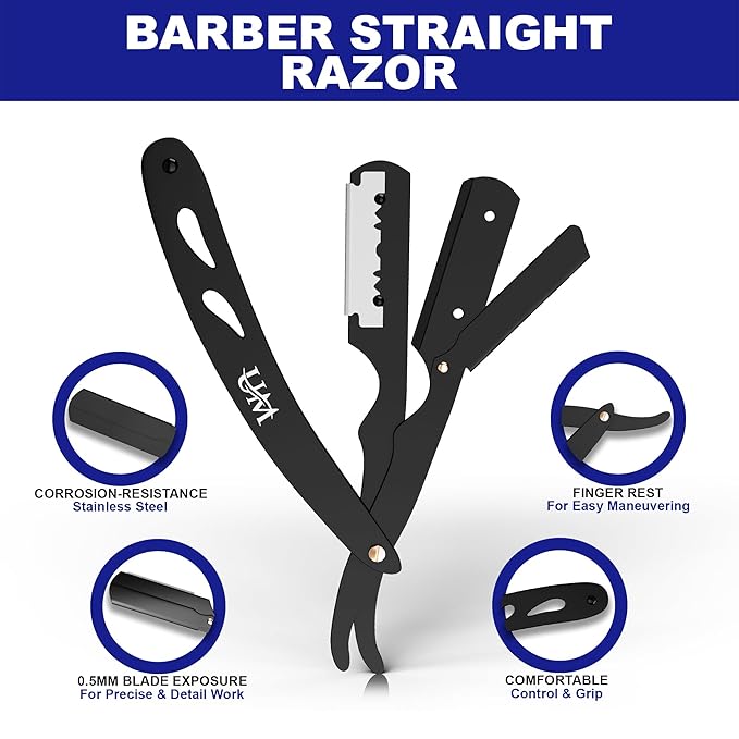 UM Supplies Straight Edge Razor with 20 Replaceable Single Edge Blades kit | Men's Straight Shaving Razors | Navajas para Barbero