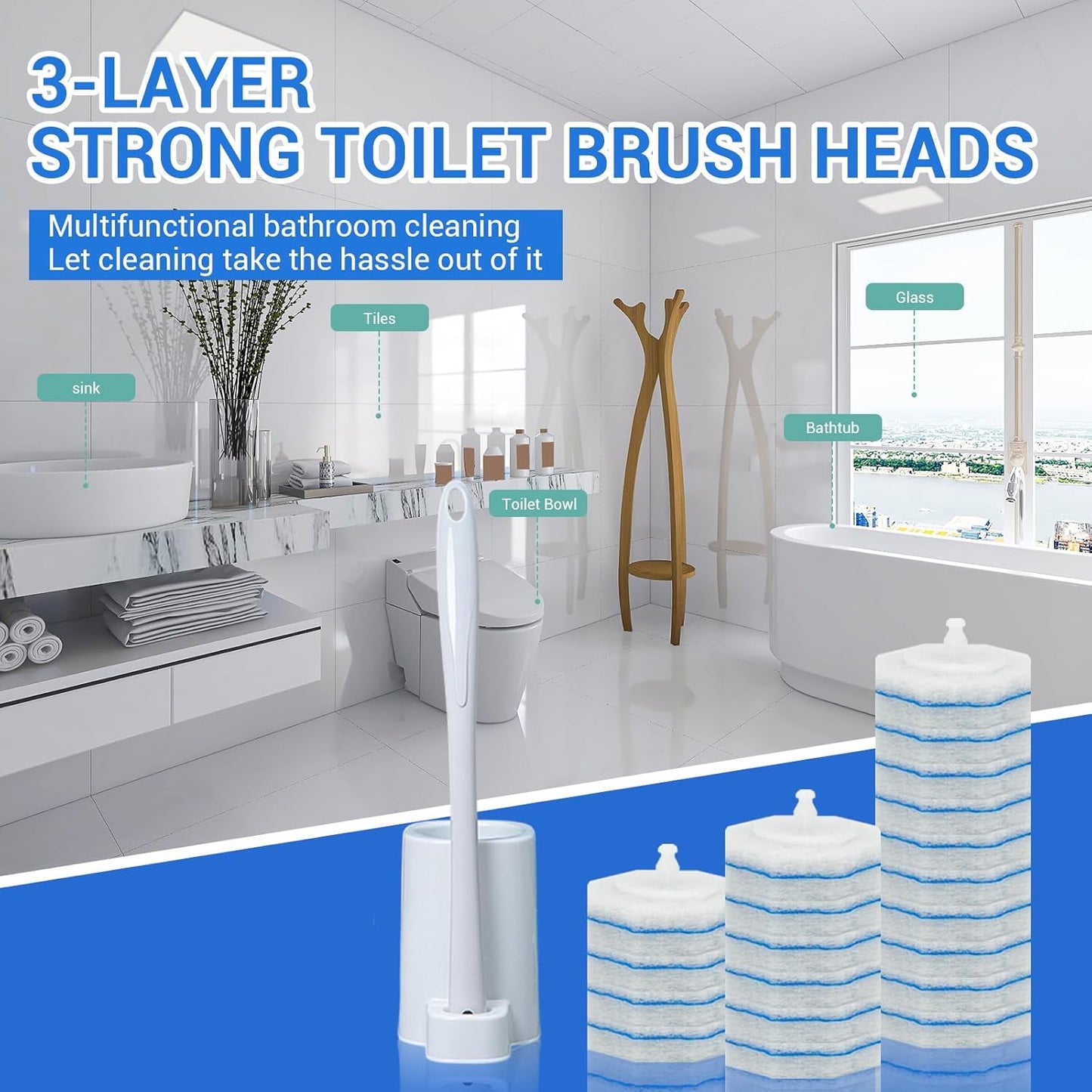 50PC Toilet Bowl Wand Refills, Disposable Toilet Brush Heads, Wall Mounted Scrubber Refill, Cleaner Refill Pads with Most Brushes for and Bathroom Cleaning