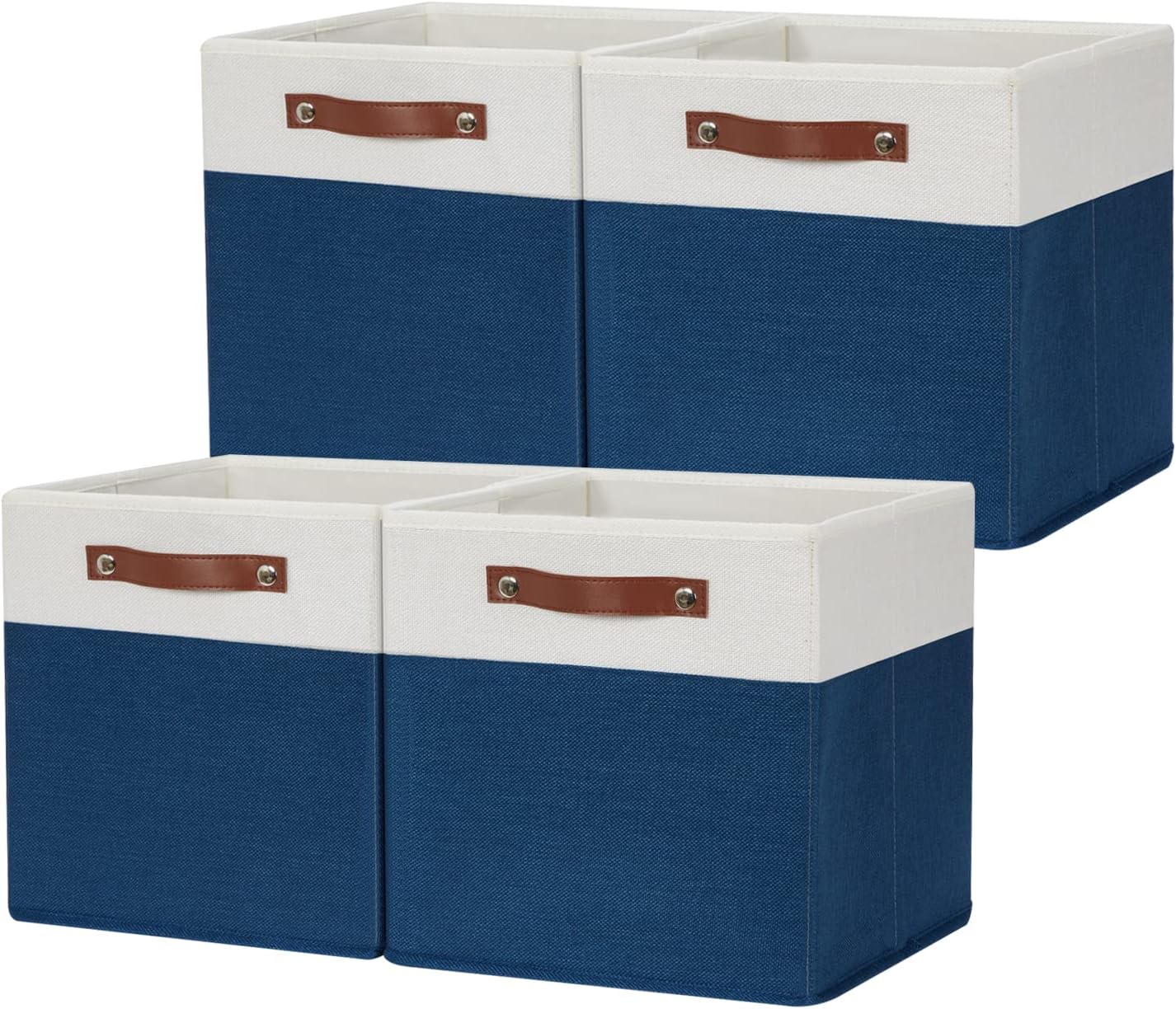 HNZIGE Cube Storage Baskets,Fabric Storage Cubes 12 x 12, Set of 4,Decorative Storage Baskets for Organizing with Handles,Blue Square Bins for Organizer Home Toy Nursery Closet(Blue White)