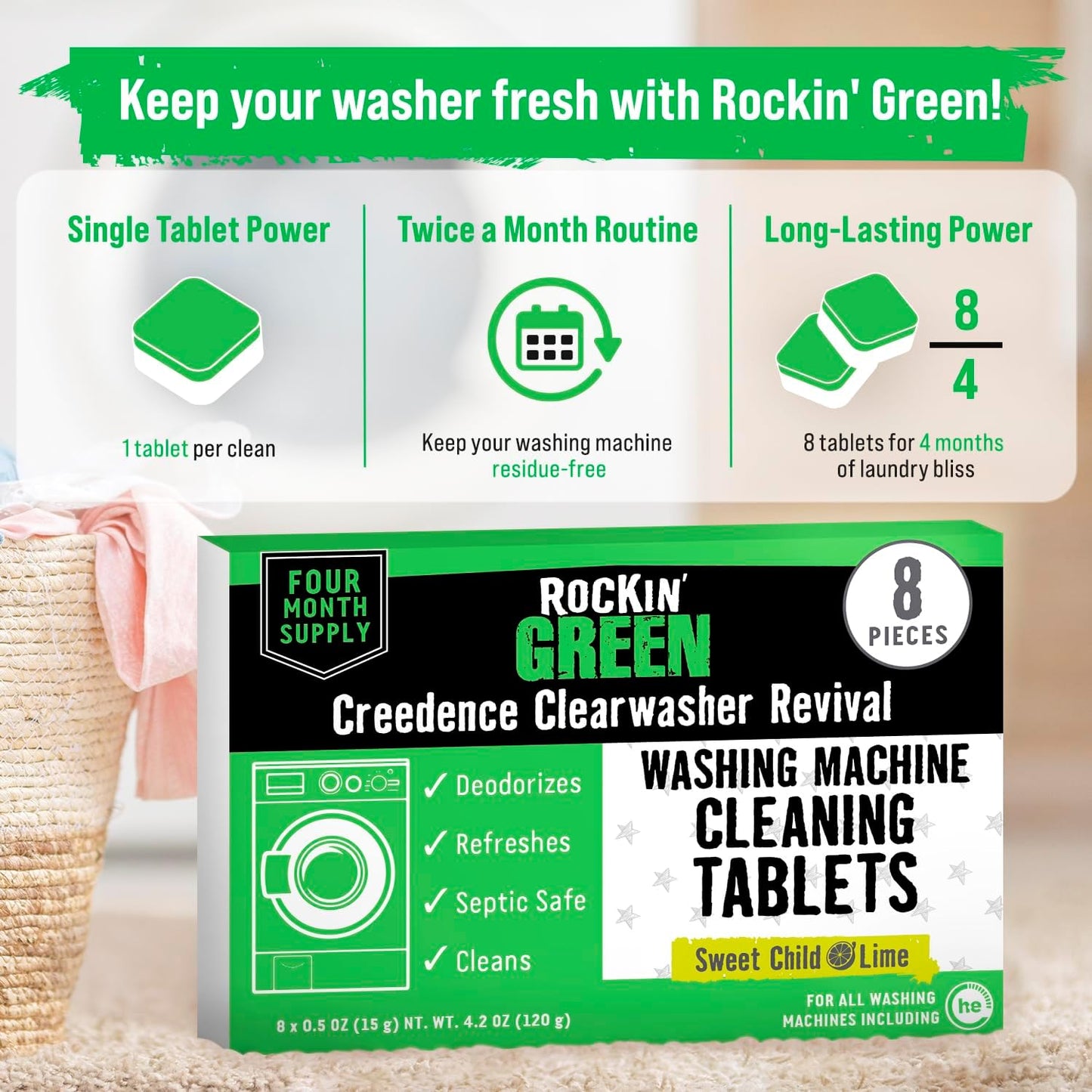 Rockin' Green Deep Cleaning and Deodorizing Tablets for Dishwashers, Washing Machines, and Garbage Disposals, Removes Odor and Residue (Washing Machine Cleaning Tablets, 8 Pack)