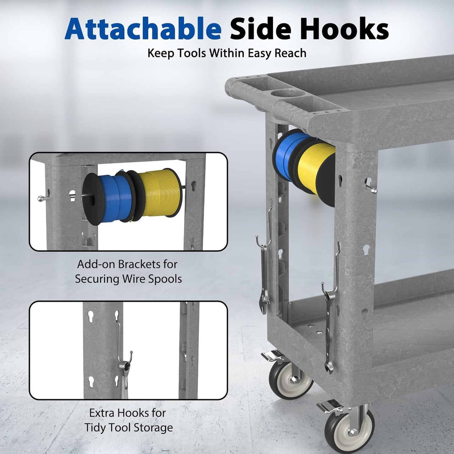 Heavy Duty Rolling Utility Cart with Wheels 2-Tier Utility Plastic Service Work Cart for Shop, Garage, Warehouse, Maintenance 550 lbs