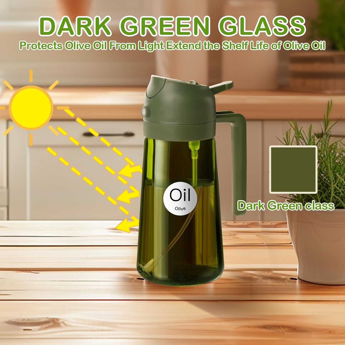 YARRAMATE 16oz/470ml Dark Green Oil Sprayer for Cooking with Stickers, Food-grade Premium 2 in 1 Olive Oil Dispenser Bottle for Kitchen Gadgets, Air Fryer, Salad, Frying, BBQ (OliveGreen)