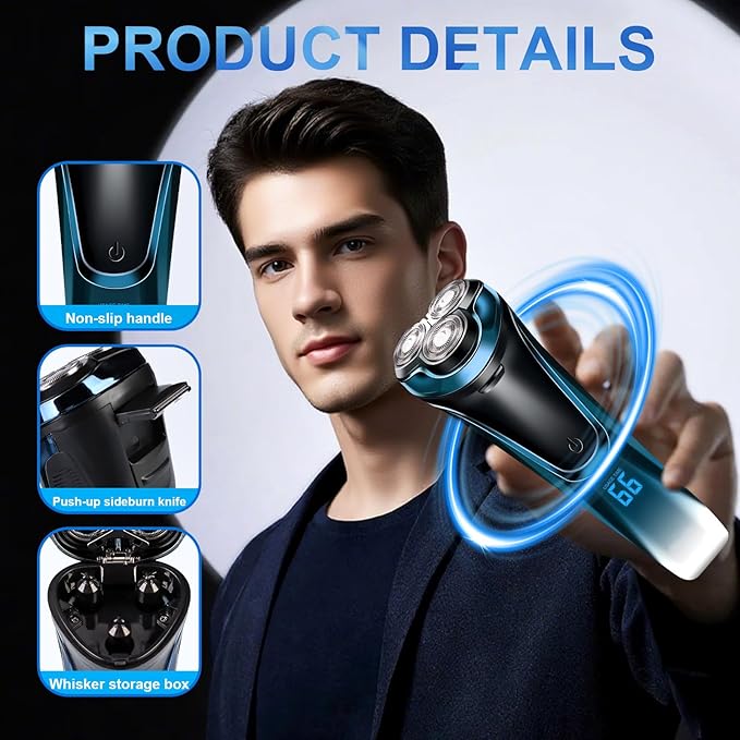 Snapbuy Electric Razor for Men, Snapbuy Electric Razor Pro, Ipx7 Waterproof Cordless Shaver with 90-Min Runtime, 4D Floating Head Rotary Shaver, Fast Charging (Blue)