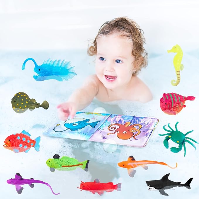 Color Changing No Hole Bath Toys for Toddlers Kids, Color Change Sea Creatures Ocean Animal Toys & Glow in The Dark Toy with Bath Book(13 Pack), Water Table Toys Rubber Fish Toys for Kids Bathtub