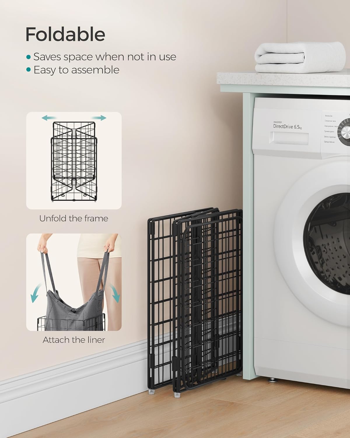 SONGMICS Laundry Hamper, 11 Gal. (50L) Laundry Basket, Collapsible Clothes Hamper, Removable and Washable Liner, Metal Wire Frame, for Bedroom Bathroom, Black and Gray ULCB150G01