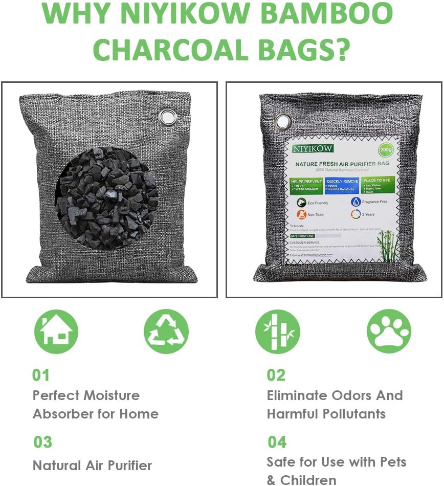 NIYIKOW Charcoal Bags Odor Absorber (Large, 4Pack x 200g), Nature Fresh Bamboo Charcoal Air Purifying Bags, Activated Charcoal Odor Absorber for Home, Car, Closet, Pets, Basement Odor Eliminator -Grey