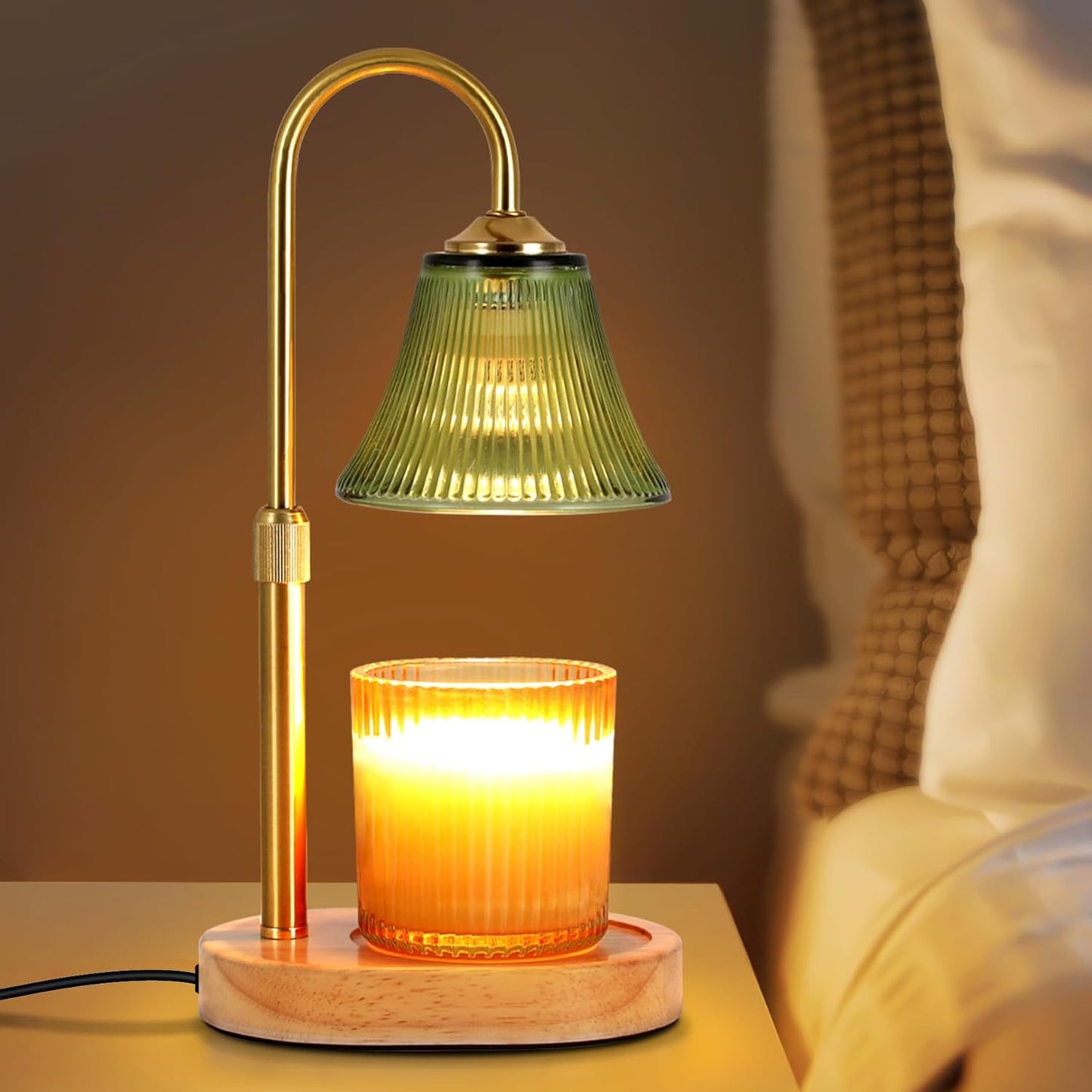 Candle Warmer Lamp, Height Adjustable Candle Warmer with Timer & Dimmer, Electric Candle Lamp with 2 50W Bulbs, Wax Melt Warmer for Scented Jar, Vintage Home Decor Glass Shade(Light Green)