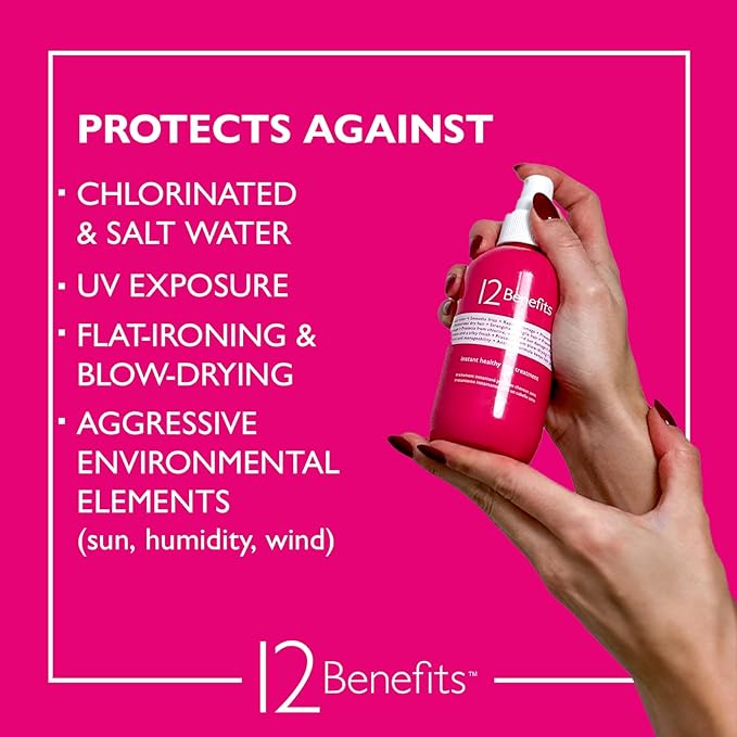 12 Benefits Instant Healthy Hair Treatment - Leave In Conditioner Spray with Quaternium 39 and Silk Fibre Protein - Smooths Frizz, Strengthens & Repairs Damaged Hair - (12 Fl Oz)