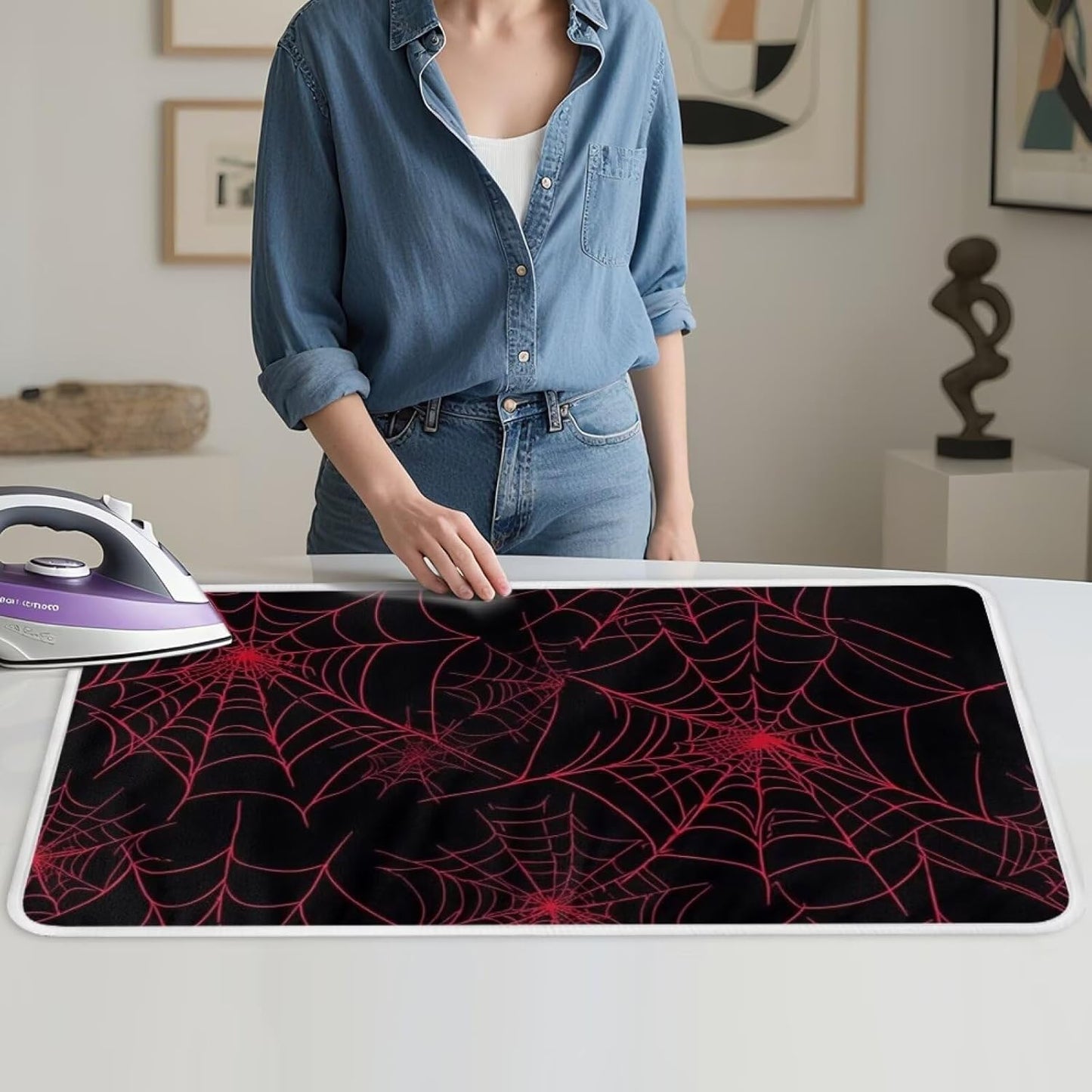 Ironing Mat Red Spider Web Portable Ironing Pad Blanket for Table Top Heat Resistance Foldable Lightweight 32 x 16 Inch Small Ironing Pads for Washer,Dryer,Countertop
