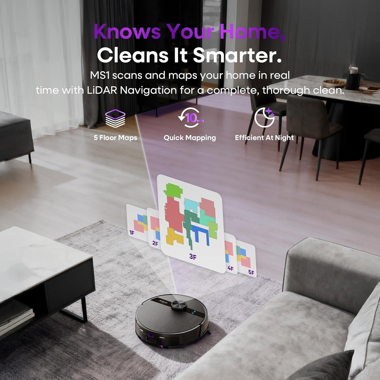 MONSGA Robot Vacuum and Mop Combo, 5000Pa Robotic Vacuum with Lidar Navigation, 180mins Runtime, Tangle-Free Robot Mop, 5 Editable Maps, APP/Remote/Voice Control, Ideal for Hard Floors and Carpets