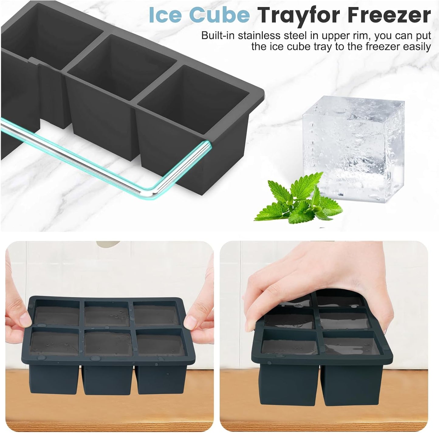 Large Silicone Ice Cube Tray 3Pack, SAWNZC Big Square Ice Cube Molds for Whisky Cocktail, Ice Maker Tray with Lid for Freezer, Easy Release (3, Black)