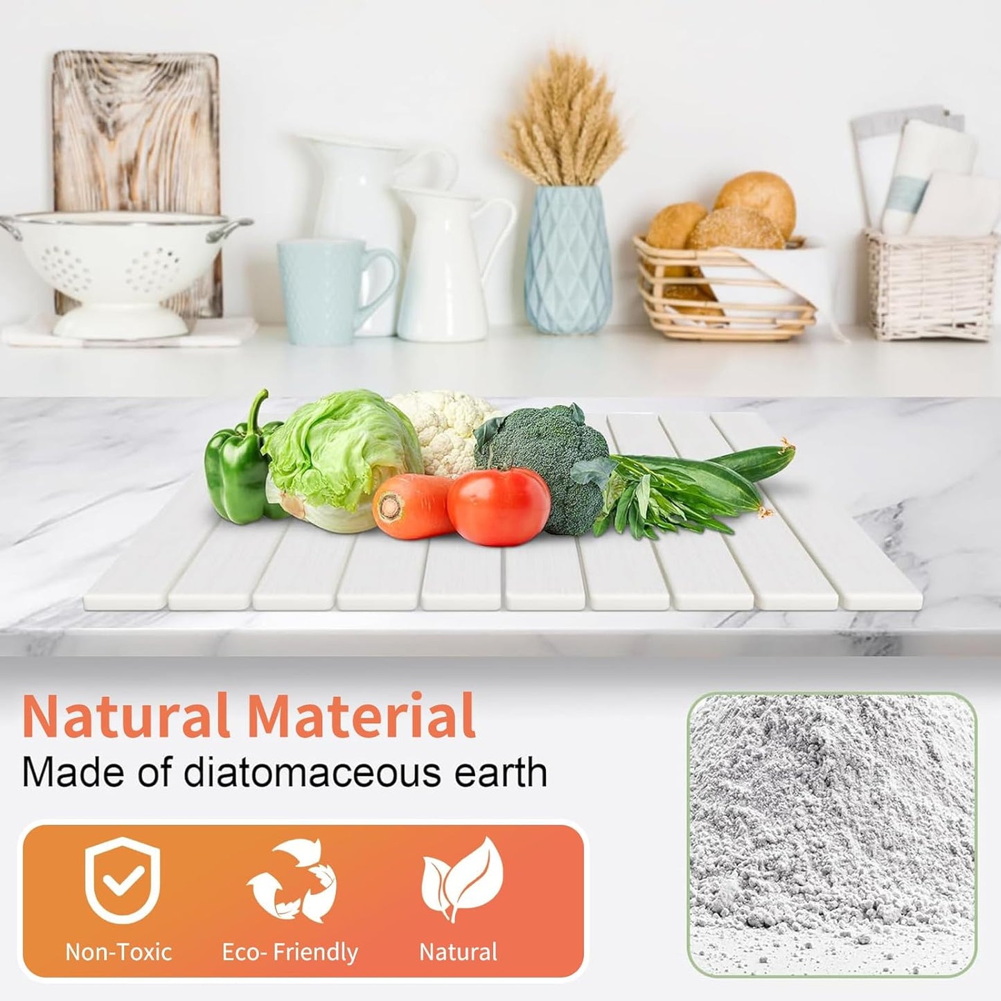 Diatomaceous Stone Dish Drying Mat - 24x16In Large Quick Dry Water Absorbing Mat for Kitchen Counter, Non-Slip Heat Resistant Dish Drying Pad