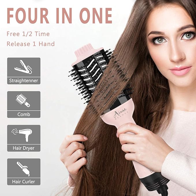 Aima Beauty One-Step Volumizer Hair Dryer Brush, 4-in-1 Upgrade Hot Air Brush for Less Frizz, More Shine, Oval Brush for Blowout, Pink