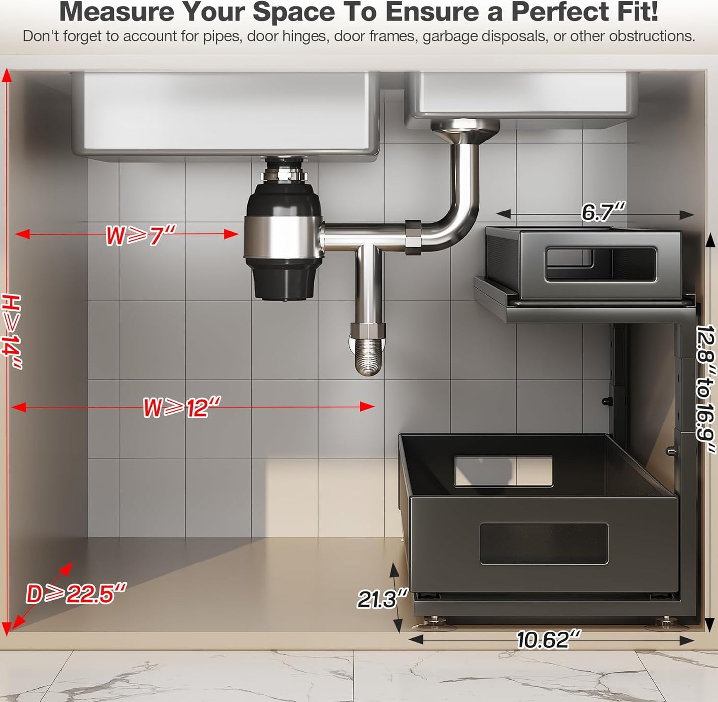 2 Pack 21.3IN-Depth Under Sink Organizer with Next-Gen Ball-Bearing Slides,2-Tier Pull Out Cabinet Storage,Height Adjustable Drawer Shelf for Bathroom,Kitchen,Laundry,Cabinet,Pantry-Black
