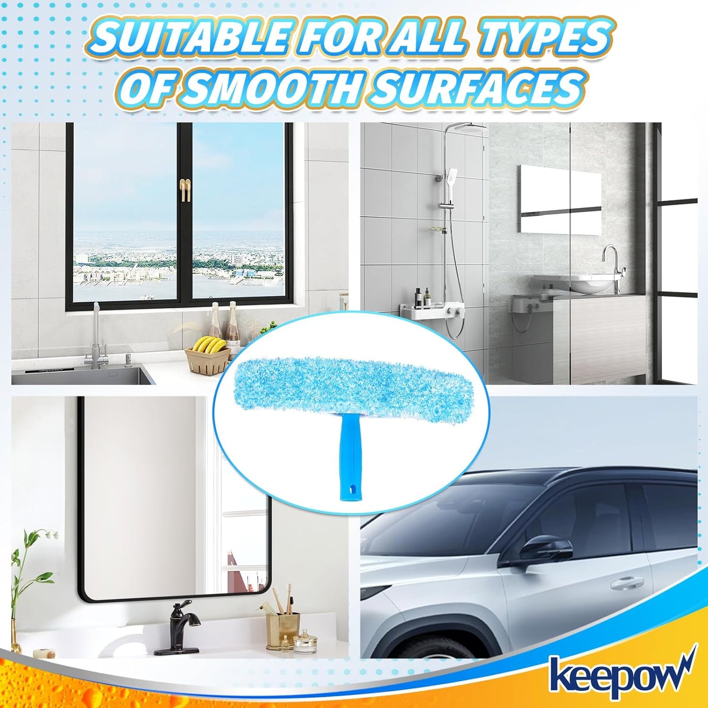 KEEPOW 14" Microfiber Window Scrubber Refill Replacement Compatible with MR.SIGA, Compatible with Ettore Professional Window Cleaning, Reusable & Washable Window Squeegee for Home (3 Pack)