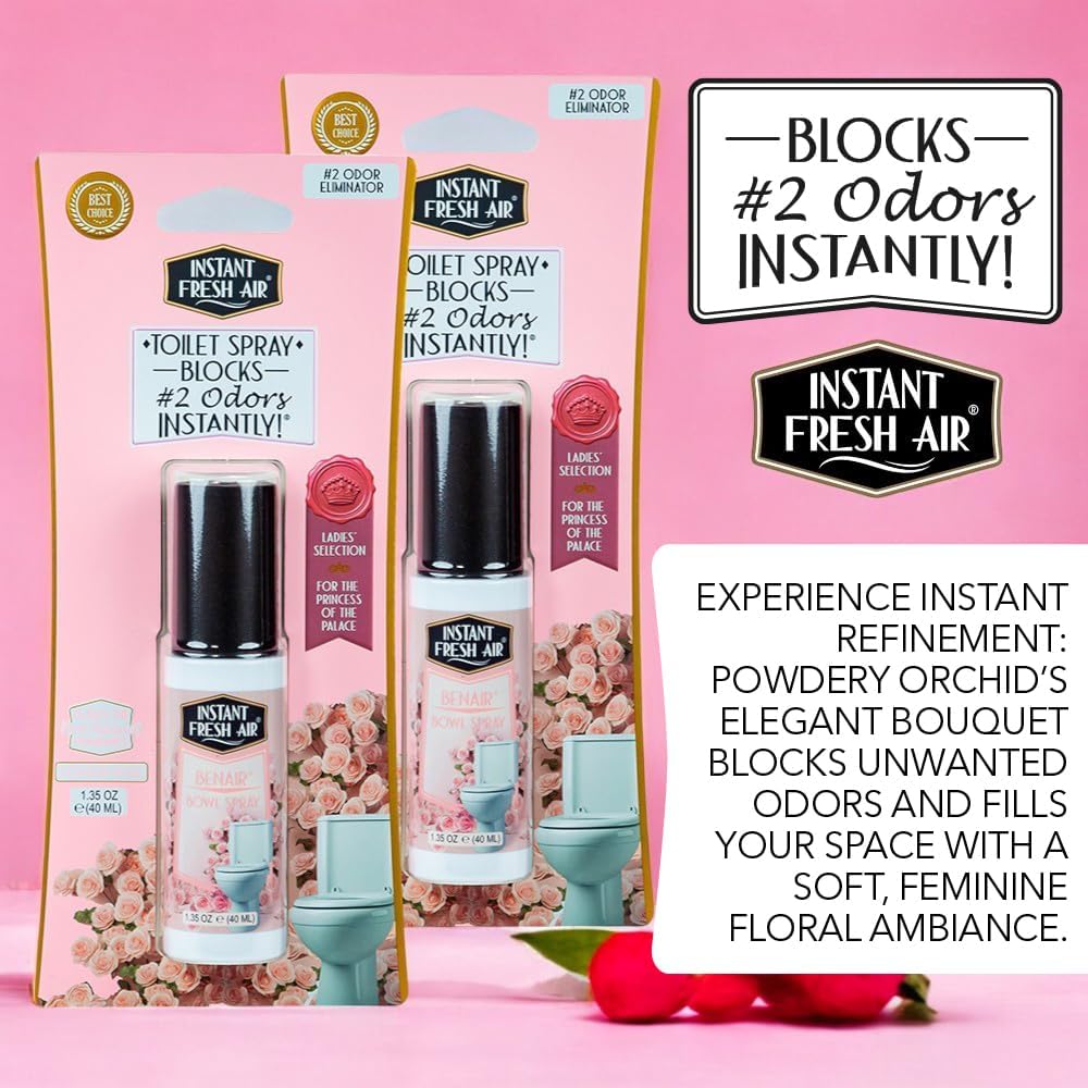 2-Pack: Superior Toilet Spray for Women with Instant Odor Elimination, Powdery Rose Fragrance, Odor Eliminator Bathroom Spray, Travel Size, Long-Lasting, Eco-Friendly, 1.35 Oz. - INSTANT FRESH AIR